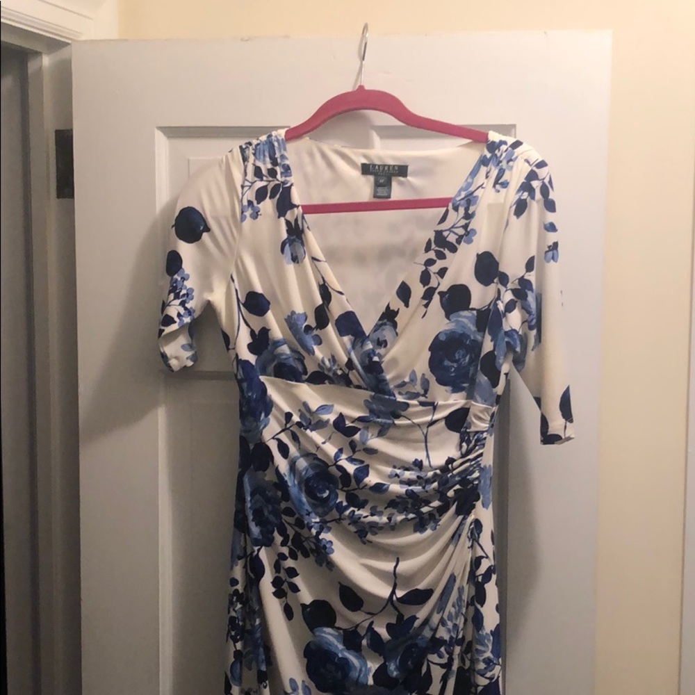 White dress with blue flower